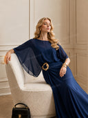 Elegant Blue Chiffon Cape Top & Wide-Leg Pants Two-Piece Set