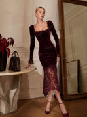 Elegant High-neck Velvet Lace Maxi Dress