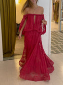 Sexy Braided Trim Deep V-Neck Flowing Lace Maxi Dress
