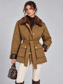 Quilted Faux Fur Collar Belted Jacket