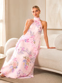 Elegant Pink Floral Applique Halter Maxi Dress