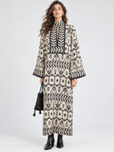 Retro Print Keyhole Long Sleeve Maxi Dress