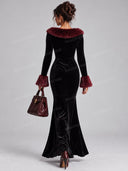 Velvet Faux Fur Trim Button Front Maxi Dress