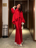 Elegant Puff Sleeve Satin Top & Lace Trim Maxi Skirt Two-Piece Set