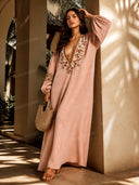 Casual Floral Embroidered Deep V Neck Puff Sleeve Maxi Dress