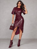 Elegant Faux Leather Ruched Wrap Midi Dress