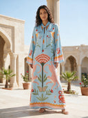 Azure Dream Printed Tie Neck Maxi Dress