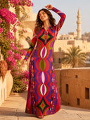 Unique Retro Abstract Print Shirt Collar Maxi Dress
