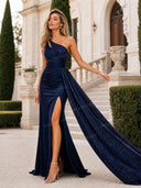 Elegant One-Shoulder Sequin Slit Evening Maxi Dress