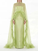 Elegant Feather Trim Chiffon Shawl Black Satin Maxi Dress