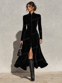 Retro Velvet High Neck Button Front Maxi Dress