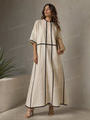 Minimalist Beige Linen Black Piping Midi Dress