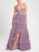 Elegant Tiered Ruffle Tulle Corset Slit Maxi Dress