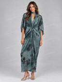 Elegant Floral Print Draped Kaftan Maxi Dress