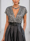 Elegant Sequin Top & Tulle Skirt Belted Party Two-Piece Set