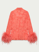 Elegant Feather Trim Jacquard Wrap Blouse & Pants Two-Piece Set