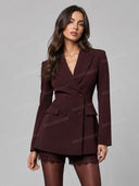Elegant Lapel Blazer & Lace Trim Shorts Two Piece Set