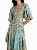 Unique Satin Vintage Floral Print Puff Sleeve Midi Dress