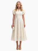 Elegant Floral Textured Puff Sleeve Midi Dress