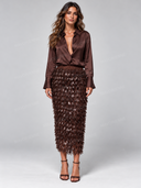 Elegant Satin Shirt Sequin Fringe Midi Skirt Two Piece Set