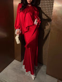 Elegant Puff Sleeve Satin Top & Lace Trim Maxi Skirt Two-Piece Set
