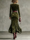 Elegant Velvet Ruched Long Sleeve High-Low Maxi Dress