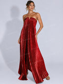 Elegant Strapless Sequin Pleated Maxi Dress
