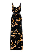 Elegant Velvet Floral Print Cutout Waist Maxi Dress