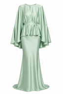 Satin Cape Sleeve Peplum Mermaid Maxi Dress Set