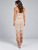 Strapless Metallic Fringe Maxi Dress