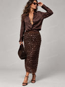 Elegant Satin Shirt Sequin Fringe Midi Skirt Two Piece Set