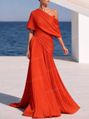 Elegant Asymmetric One Shoulder Pleated Draped Maxi Dress