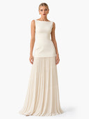 Elegant Pleated Classic Boat Neck Pleated Maxi Dress