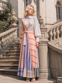 Multicolor Patchwork Stripe Long Sleeve Tie Maxi Shirt Dress