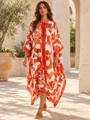 Elegant Self-Tie Satin Print Flowing Kaftan Maxi Dress