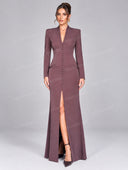Elegant Long Sleeve Button Front Slit Maxi Blazer Dress