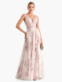Elegant V-Neck Floral Print Tulle Maxi Dress