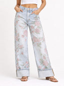 Floral Print Wide Leg Cuffed Jeans