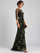 Elegant Floral Velvet Jacquard Mesh Maxi Dress
