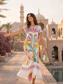 Art Nouveau Floral Feather Hem Midi Dress
