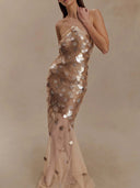 Elegant Iridescent Sequin Halter Neck Evening Maxi Dress
