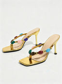 Square-Toe Gemstone T-Strap Stiletto Heeled Sandals