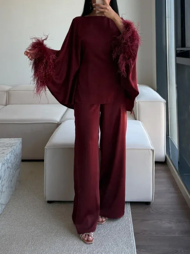 Elegant Feather-Trim Batwing Top & Pants Two-Piece Set