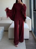 Elegant Feather-Trim Batwing Top & Pants Two-Piece Set