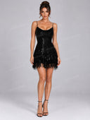Sexy Sequin Fringe Trim Cowl Neck Mini Dress