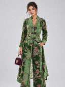 Retro Floral Print Frog Button Long Coat & Wide Leg Pants Set