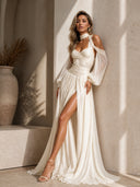 Elegant Off-Shoulder Puff Sleeve High-Slit Flowing Maxi Dress