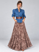 Boho Ruffle Neck Denim Top & Paisley Maxi Skirt Set
