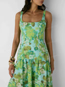 Elegant Floral Square Neck Top & Maxi Skirt Two Piece Set