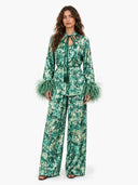 Exquisite Watercolor Print Feather Cuff Tie Shirt & Wide-Leg Pants Two-Piece Set